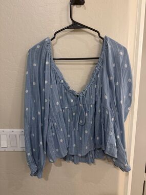American Eagle Outfitters Light Blue Polka Dot Peasant Top